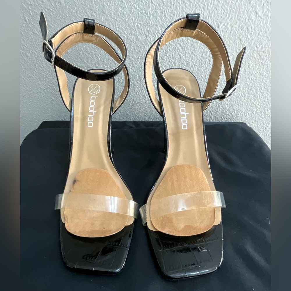 Boohoo Black and Tan Strappy Heels